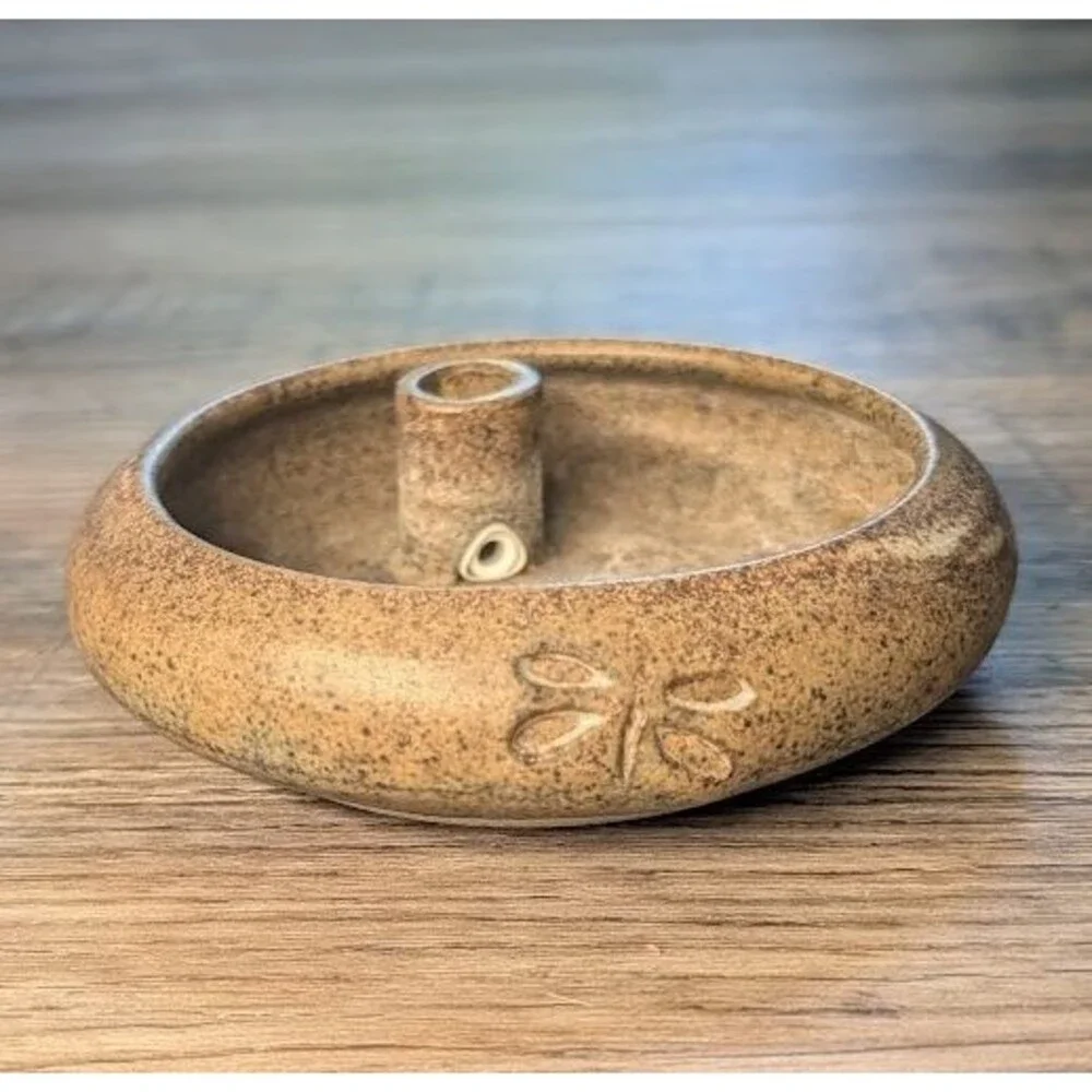 Studio Art Pottery Incense Holder Signed Frye Stamp Dragonfly Trinket Bowl